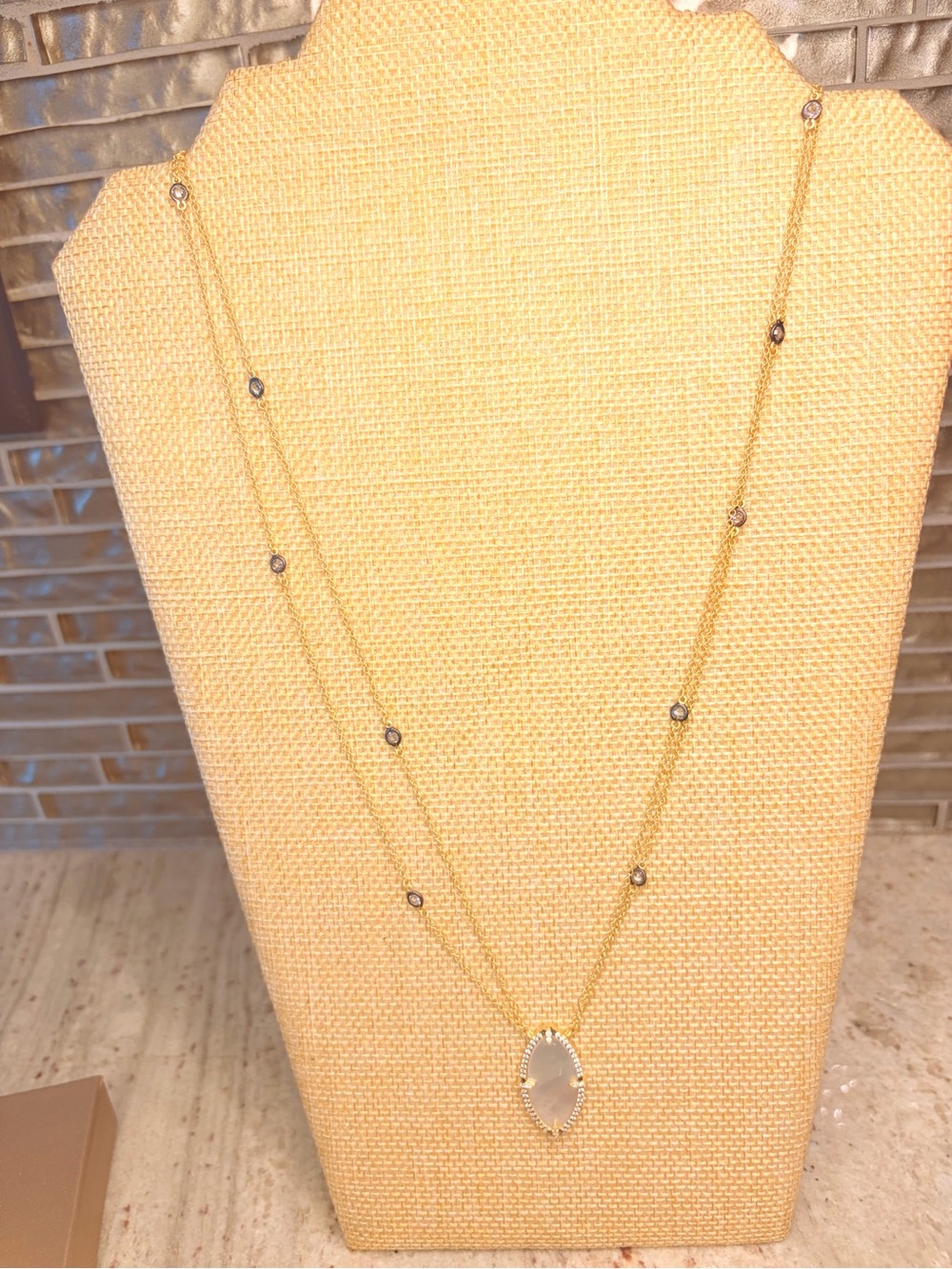 Mother of Pearl Statement Necklace — 27 in gold tone detailed double chain